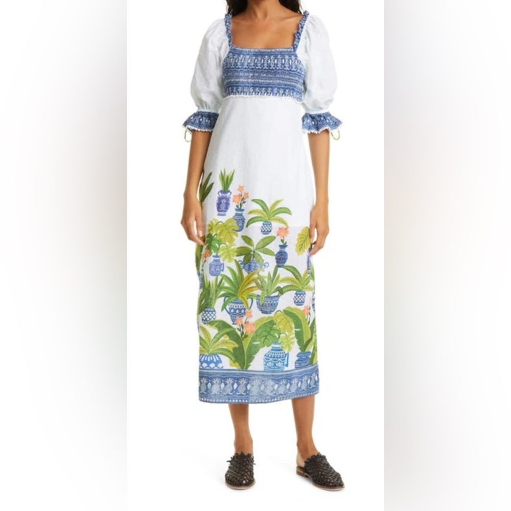 NWT Farm Rio Vase Forest Print Smocked Maxi Dress Tropical Blue Flower Pot XL